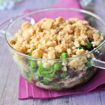 Pea Crumble with black tapenade