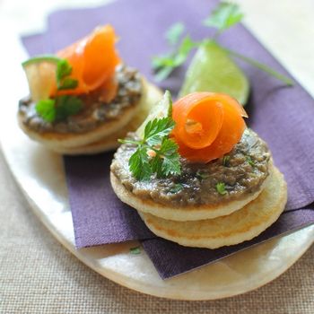 Blinis with aubergine spread